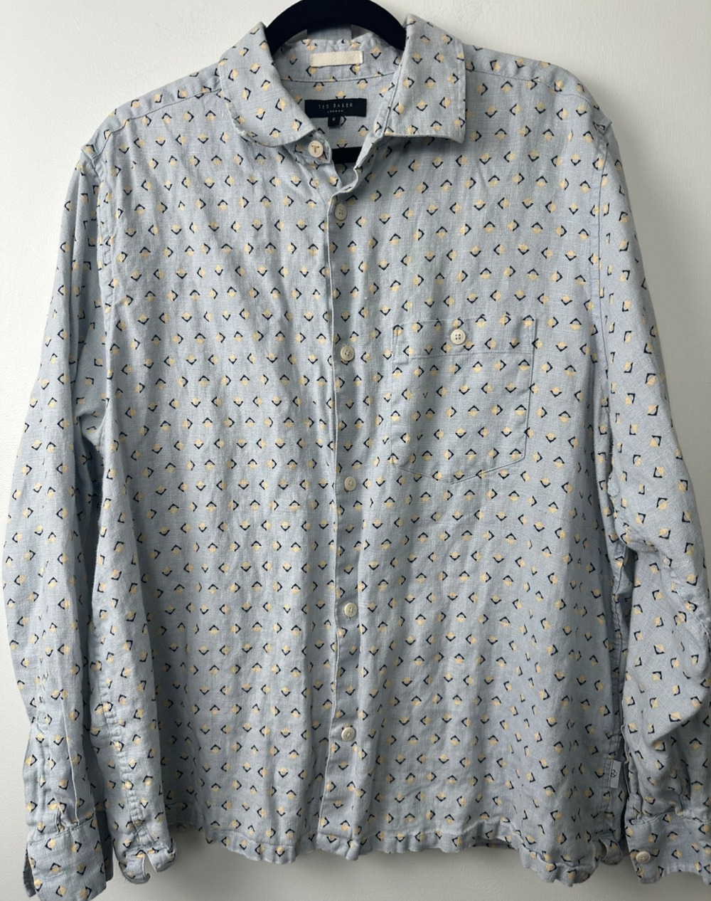 Ted Baker London Shirt Mens Size 6 (XXL) Long Sleeve 100% Linen Geometric A12
